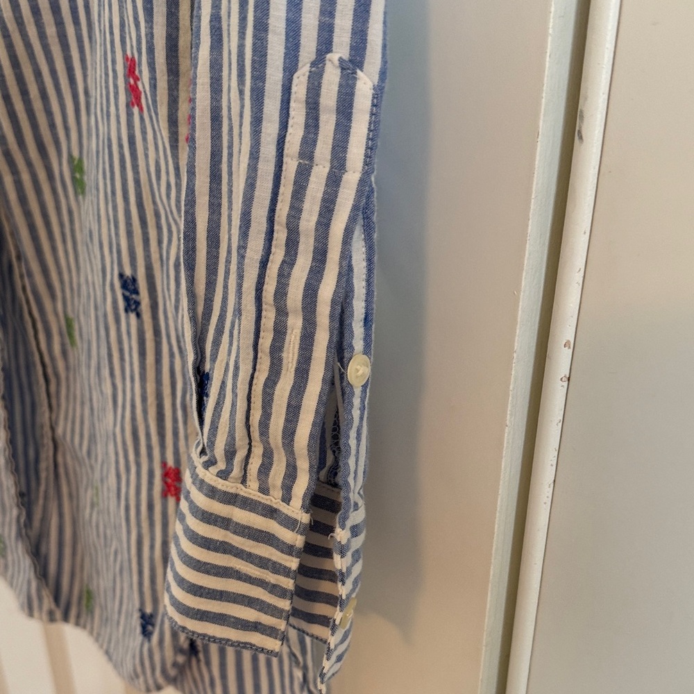 GAP Size XS Linen Cotton Blend Colorful Embroidered Blue Striped Tunic - Picture 7 of 8
